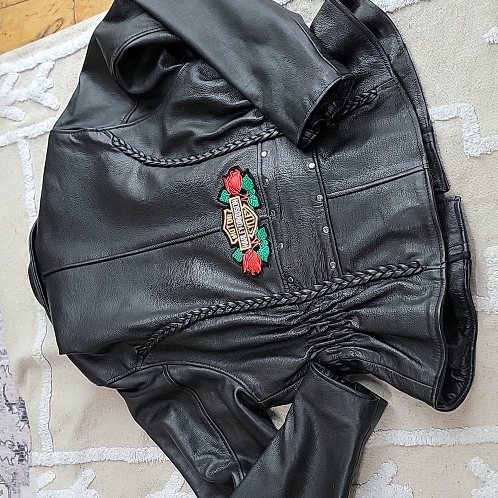 Harley-Davidson Women's Black Leather Jacket with Rose Patch